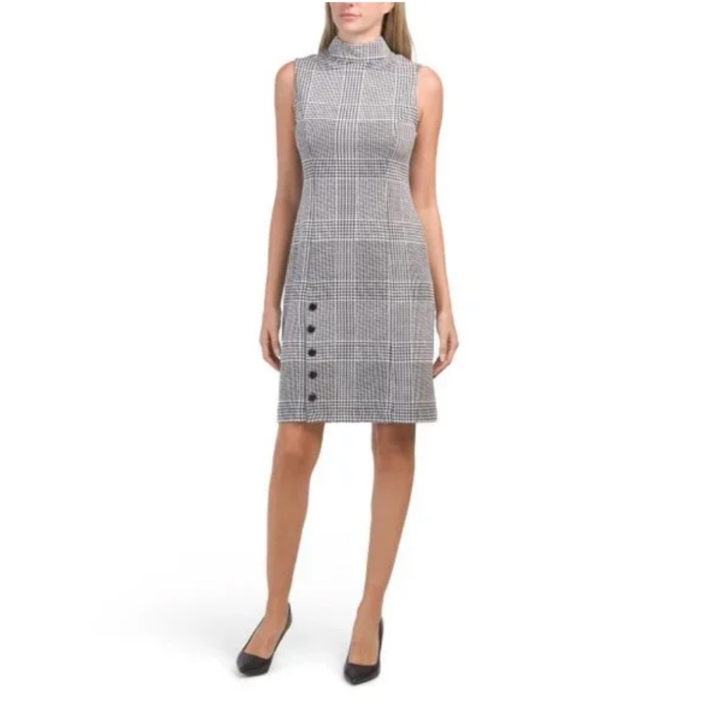 Sharagano Houndstooth Mock Neck Sleeveless knee length Dress Black and White